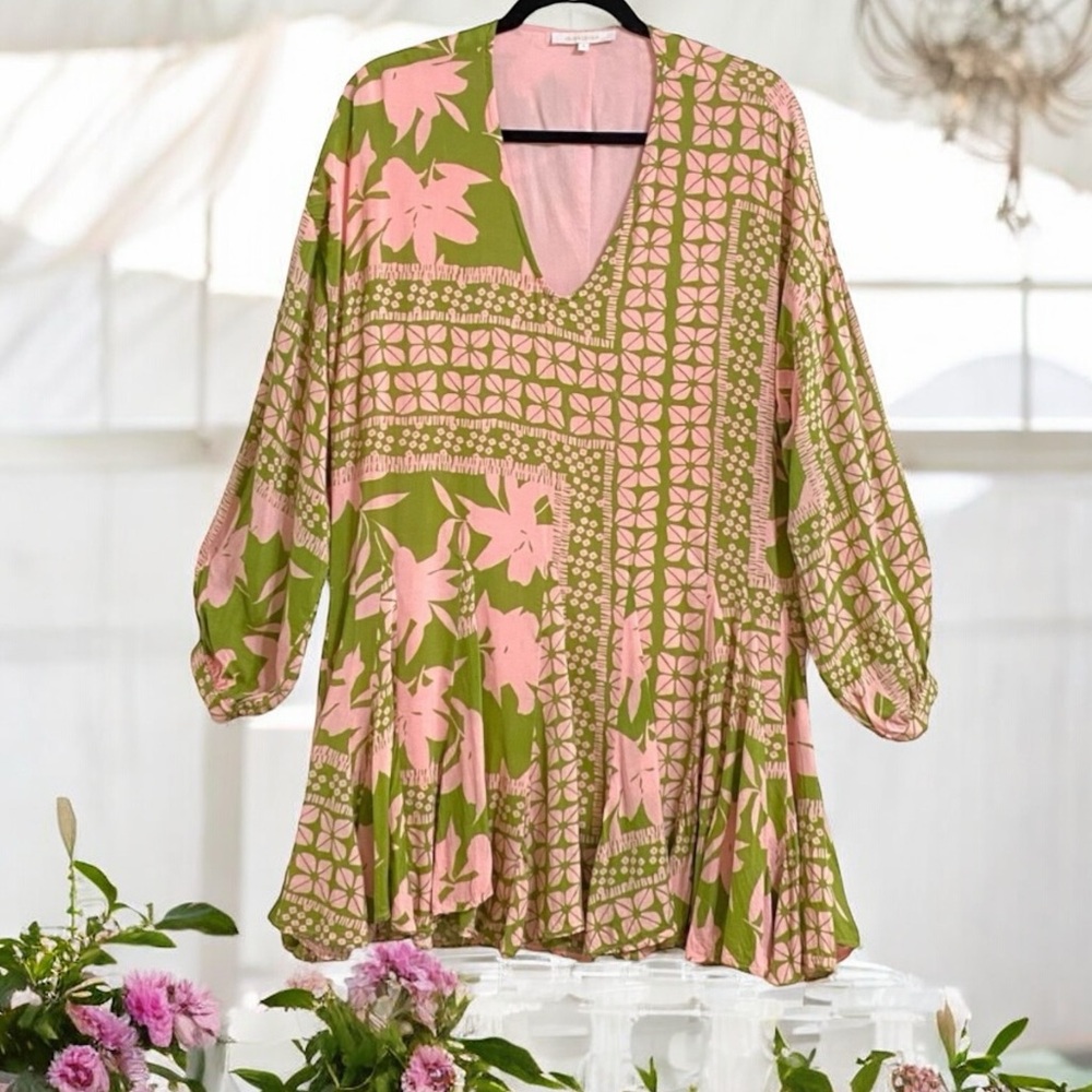 Pink & Green Floral BOHO Pleated Hem Dress Sz M